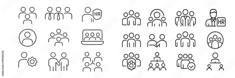 Poster collection of diverse human resources icons illustrating various aspects of team and personnel manag