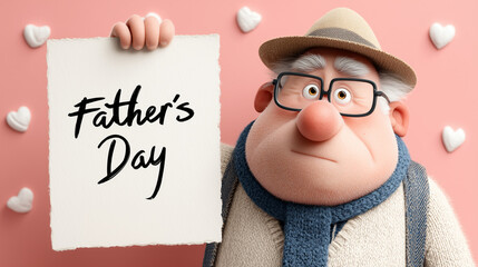 cute father's day card with elderly man holding a greeting sign – ideal for holiday cards, social media graphics, blog headers, and advertising materials for father's day celebration