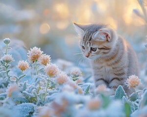Cute kitten sitting in a frosty flower garden at sunrise.