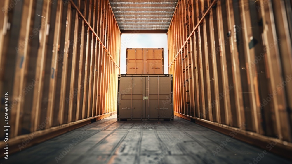 Poster inside view of a container filled with boxes