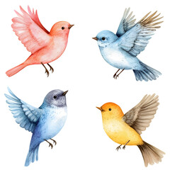 Fototapeta premium Four Watercolor Birds Soaring, Each a vibrant splash of color, captured in dynamic flight. The illustration showcases the exquisite detail and ethereal quality of watercolor.