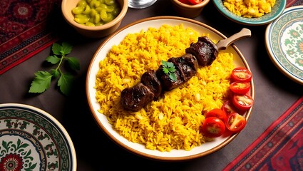 Delicious kabob with yellow rice and tomato garnish