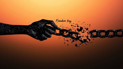 Powerful illustration of a hand breaking chains against a sunset background, representing liberation, justice, and the spirit of Juneteenth and Black History Month