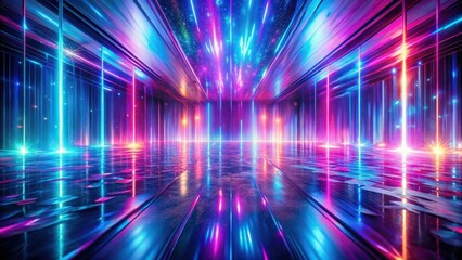 Fototapeta premium Vibrant Neon Lights Illuminate a Reflective, Sleek Surface in an Abstract Interior Space