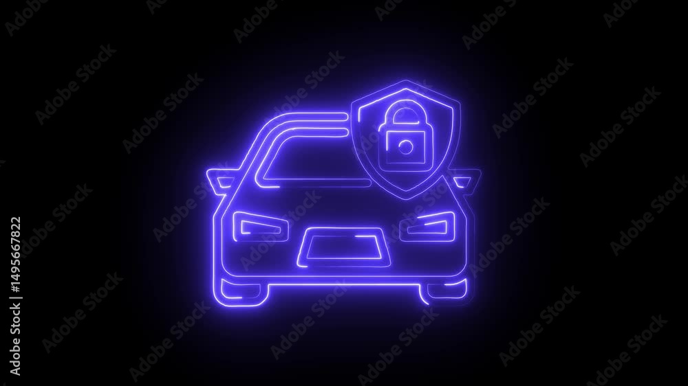 Poster animated car security neon outline icon animation on black background with shield and lock