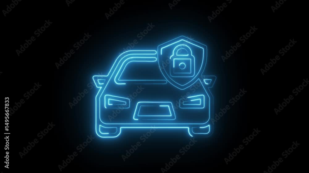 Poster glowing neon car protection shield modern automobile security system animation loop