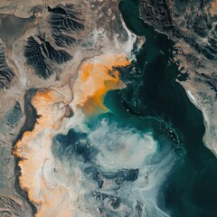 Naklejka premium Colorful Salt Flats and Turquoise Waters of a Desert Lake at Sunset