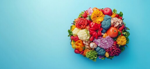 Vibrant colorful arrangement of fresh fruits and vegetables forming a circle on a blue background.