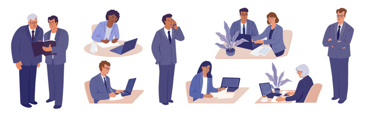 Set of diverse business people working on laptops, writing notes, talking on the phone, having discussions. Vector color isolated illustration in flat style