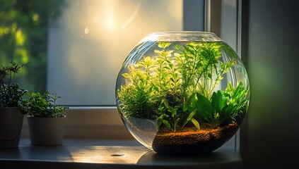 Sunlit round glass aquarium with aquatic plants on windowsill.
