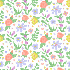 Floral seamless pattern with roses. Vector color illustration on the white background in in flat style.	