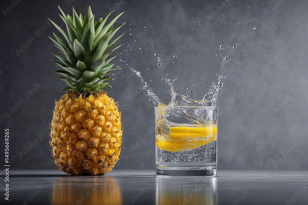 Poster pineapple makes splash into refreshing clear liquid in photo-realistic style. simple grey background