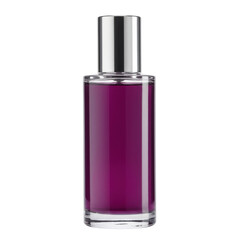 Elegant glass bottle with bright purple liquid, topped with a shiny silver cap