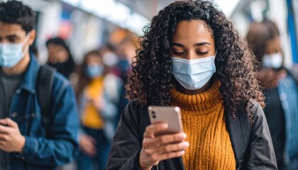 Cyberbullying Prevention concept. Woman in a mask using a smartphone in a busy setting.