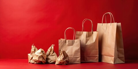 Brown Paper Shopping Bags on Red Background  Various Sizes and a Crumpled Set