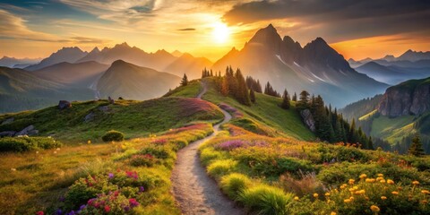 A Serene Sunset Hike Along a Winding Mountain Trail, Adorned with Vibrant Wildflowers and Majestic Peaks