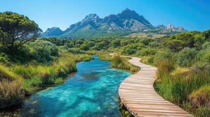 Scenic mountain trail winding through a crystal-clear stream.