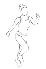 One continuous single drawing line art flat doodle sport, running, woman, female, adult, lifestyle, athlete, jogging. Isolated image hand draw contour on a white background, hand drawn, not AI