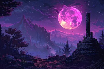 Fototapeta premium Eerie Pixel Art Fantasy Landscape with Glowing Moon Varient 3