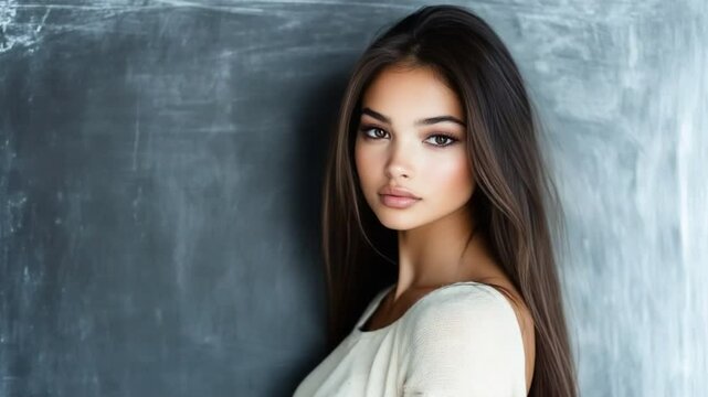 Elegant Serenity: A portrait of a beautiful woman, her poise and confidence radiating from the background with soft shadows, evoking a sense of timeless grace and understated beauty.