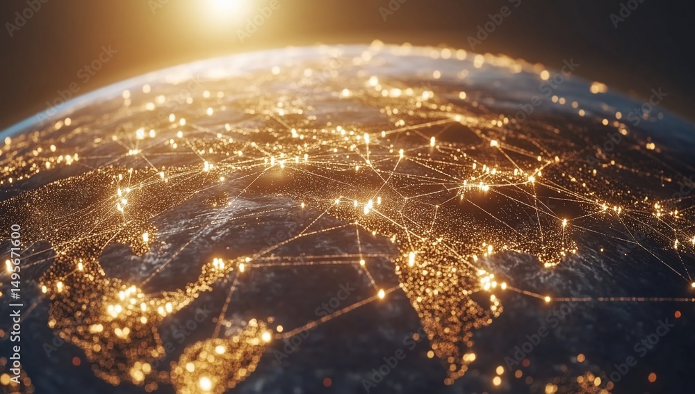 Poster global network connections illuminating earth at night, showcasing intricate web of communication an