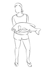One continuous single drawing line art flat doodle person, fish, woman, girl, fishing, activity, nature. Isolated image hand draw contour on a white background, hand drawn, not AI