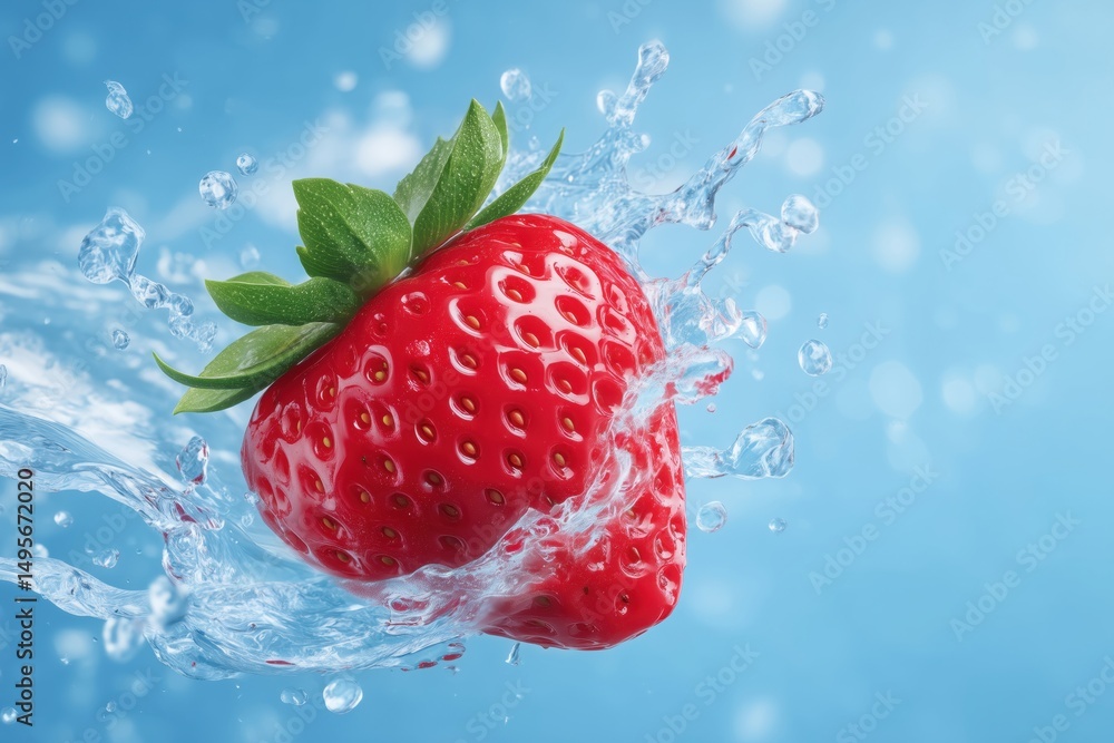 Poster strawberry splashing into clear water, creating dynamic motion effect. bright blue background adds f