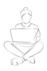 One continuous single drawing line art flat doodle teenage, laptop, computer, girl, technology, education, student. Isolated image hand draw contour on a white background, hand drawn, not AI