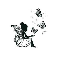  Silhouette fairy with butterfly vector illustration. Girl with wings simple drawing. Isolated on white background. 