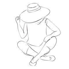 One continuous single drawing line art flat doodle hat, woman, person, beauty, adult, fashion, portrait. Isolated image hand draw contour on a white background, hand drawn, not AI