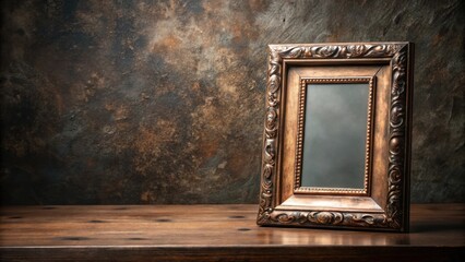 Ornate Antique Frame on Dark Wooden Surface with Textured Background