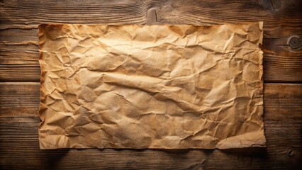 A Wrinkled Sheet of Aged Paper on a Rustic Wooden Surface, Ideal for Vintage Designs and Textured Backgrounds