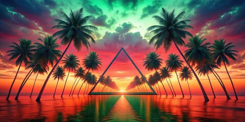 Vibrant Sunset Paradise Palm Trees Framing a Geometric Portal to a Serene Ocean Horizon