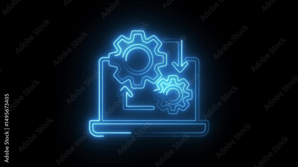 Aufkleber neon computer laptop with gears mechanism rotating and interconnected for business and technology co