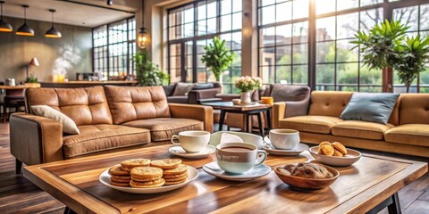 Relaxing Afternoon Tea Break in a Modern, Sunlit Lounge with Comfortable Couches and Delicious Treats