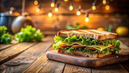 A Delicious Open-Faced Sandwich with Cheese and Lettuce on Rustic Wooden Table