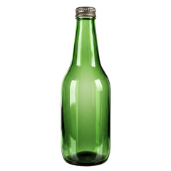 Empty green glass bottle with a silver cap, isolated against a dark background for design