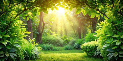 Serene Sunlight Filtering Through Lush Green Canopy, Illuminating a Vibrant Forest Floor with a Carpet of Grass
