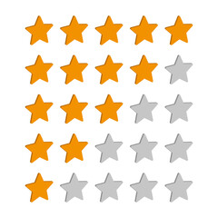 3D Star Rating Icons Set Vector Illustration. A 5-level star rating system featuring a subtle 3D effect. Each row presents a different rating from five to one star.