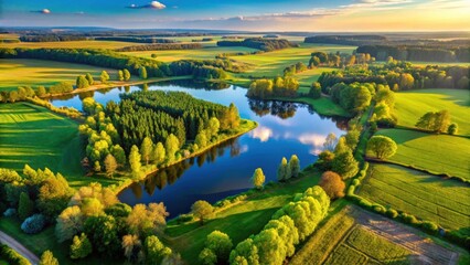 Serene Aerial Vista of Lush Green Meadows and Tranquil Winding River Reflecting the Golden Hour Sunset Sky
