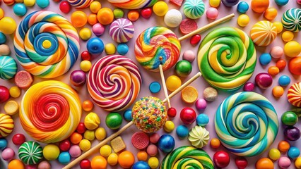 A vibrant and colorful assortment of swirled lollipops and assorted candies arranged on a pink background, creating a delightful and sweet treat composition.