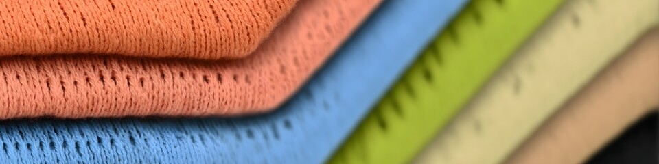 Textured Fabric Stack: A close-up shot showcases a stack of colorful fabrics, revealing intricate textures and subtle color variations. The fabrics are arranged in an overlapping pattern.