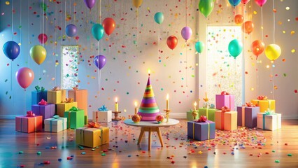 Festive Celebration A Room Filled with Colorful Balloons, Presents, and Confetti, Creating a Joyful and Vibrant Atmosphere for a Birthday Party