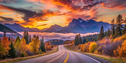 Autumnal Road Winding Through Majestic Mountains at Sunrise