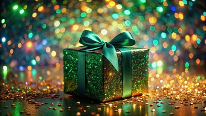 Emerald Green Gift Box with a Satin Bow on Festive Glitter Background