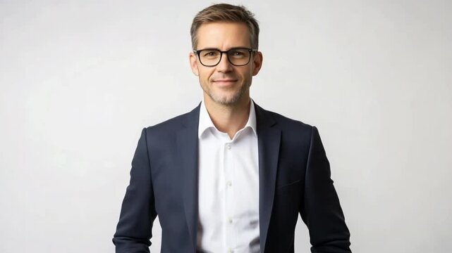 Confident Portrait: A distinguished man wearing eyeglasses and a business suit, embodying professionalism and charisma, creating a strong image of authority.