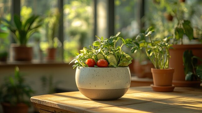 Fresh garden vegetables in a speckled ceramic bowl, surrounded by greenery - Powered by Adobe