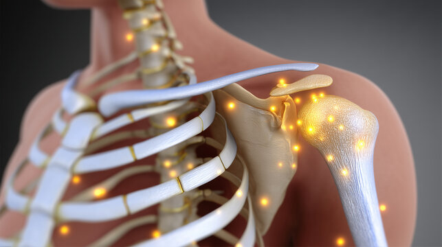 3D cutaway visualization of the shoulder girdle, showing joint capsule, bursa, and bone alignment. Educational emphasis on pain sites and cartilage degeneration. Presented in a cla