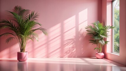 Serene Minimalist Interior with Lush Potted Plants Basking in Sunlight Through a Window