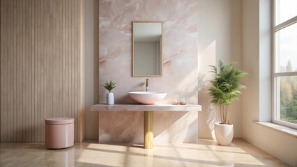 Serene minimalist bathroom design with pale pink marble, wooden wall paneling, and a freestanding sink with gold accents.